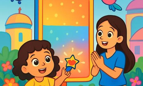 Una niña de 4 años, con grandes ojos brillantes y cabello rizado negro, sonríe con asombro. Lleva un vestido amarillo brillante adornado con flores de colores y sostiene un pequeño imán en forma de estrella en su mano. A su lado, su mamá, una mujer de unos treinta años con cabello largo y liso, sonríe orgullosa mientras aplaude. Ella lleva una blusa azul y pantalones beige, y está cerca de un jardín exuberante. El lugar es una azotea futurista, llena de flores brillantes y robots coloridos que vuelan alrededor. Los edificios de formas redondeadas y colores cambiantes se alzan de fondo, bajo un cielo azul claro. La niña y su mamá están frente a un gran panel luminoso que dice "Bienvenida", iluminado con colores vivos. La niña, llena de alegría, acaba de ayudar a encender el panel con su imán, y el robot colibrí, con alas brillantes, danza alegremente a su alrededor.