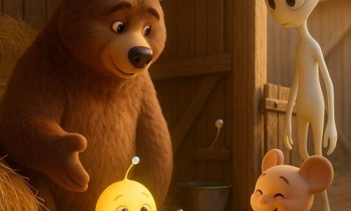 Bruno, un gran oso pardo de pelaje suave y espeso, de expresión tranquila y bondadosa, está de pie sobre sus patas traseras junto a un montón de heno y extiende una pata como para tranquilizar; Lila, una pequeña extraterrestre redonda y luminosa del tamaño de una manzana con ojos grandes y brillantes y sonrisa tímida, sostiene una mini-nave plateada sobre el heno; Tono, un extraterrestre alto y delgado de piel nacarada, observa flotando cerca de la puerta del granero; Pif, un personaje pequeño de orejas redondas, toca con asombro una vieja brocha de madera a la derecha de Bruno; el granero es de madera clara con tablas visibles, luz dorada filtrándose por una grieta del techo, fardos de heno apilados, un cubo de metal brillante y una puerta de madera algo oxidada; la mini-nave reposa sobre un cojín de heno con una antena erguida y pequeñas piedras cometarias azules a un lado; la escena transmite calma, ayuda y amistad en una atmósfera cálida y segura, con estilo 3D suave, texturas mullidas para el oso, metal liso y brillante para la nave y una iluminación dorada de final de tarde.