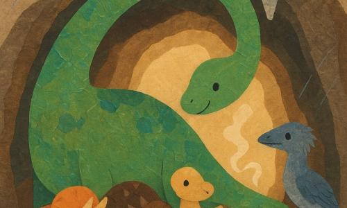 A large diplodocus named Dapple with a long arched neck sheltering friends, textured like torn green and blue paper, a gentle expression; Toot the small round protoceratops in ochre with yellow wallpaper-like spots snuggled by Dapple's neck; Munch the stocky ankylosaurus with a brown cardboard club tail at the rear; Sly the slim feathered velociraptor with crumpled gray-blue paper feathers guarding the cave entrance; Quill, a sandy small strategist with a leaf-collar, perched on a mid-height rock indicating the path; a wide welcoming cave with silver-paper stalactites, circled glowing mushrooms, a shiny-paper warm stream and soft steam; the troupe sheltered under Dapple during heavy rain visible at the entrance, strong contrast between gray rainy outside and bright colorful interior, layered cut-paper textures, composition centered on Dapple's protective gesture.