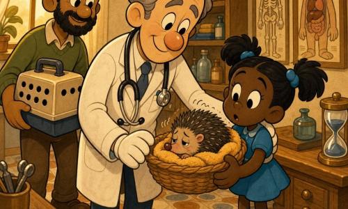 A kind middle-aged male doctor with graying hair and a gentle smile wears a slightly oversized white coat and a stethoscope, leaning with a small examination lamp toward a wicker basket held by a curious, slightly worried seven-year-old girl (Mina) with black pigtails and colorful shoes; a bearded father (~35) stands back left holding a ventilated pet carrier and watching reassuringly. The small spiky hedgehog peeks a pink snout from the basket, curled on a warm towel. Warm, cozy clinic interior with a light wood desk, glass hourglass, anatomy posters, shelves of bottles and towels, soft yellow window light, retro round-tile floor; centered close-up composition, warm honey and light brown palette with blue accents, rounded rubber-hose lines and slightly grainy vintage textures.