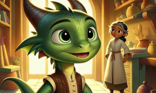 Un joven dragón de 11 años llamado Elian, con escamas brillantes de color esmeralda y grandes ojos llenos de curiosidad, se encuentra en el centro de la escena, mostrando una expresión determinada y esperanzadora. Habla con pasión, con sus pequeñas alas ligeramente desplegadas, como si estuviera listo para volar hacia nuevas ideas. A su derecha, su madre, una dragona de escamas doradas y ojos dulces, lo mira con sorpresa y admiración, sosteniendo un rollo de tela en sus patas. A su izquierda, su padre, un dragón robusto de escamas plateadas, se muestra pensativo con los brazos cruzados, pero una sonrisa empieza a dibujarse en su rostro, evidenciando que está conmovido por las palabras de su hijo. La escena transcurre en una cocina cálida, iluminada por una luz dorada que entra por las ventanas, iluminando estanterías llenas de tarros coloridos y libros. Un gran tapiz tejido a mano está extendido en el suelo, añadiendo comodidad al ambiente. El momento principal muestra a Elian compartiendo valientemente lo que ha aprendido en la escuela sobre la resolución de conflictos, buscando apaciguar las tensiones entre sus padres, mientras un sentimiento de amor y comprensión comienza a instalarse en la habitación.