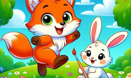 Ein kleiner Fuchs namens Felix mit leuchtend orangefarbenem Fell und großen neugierigen Augen springt fröhlich in einem bunten Blumenfeld, ein breites Lächeln auf seinem Gesicht. Neben ihm sitzt ein kleines weißes Kaninchen namens Hanni mit langen Ohren und einem fröhlichen Ausdruck, das einen Regenbogen auf eine Leinwand malt, während es auf dem grünen Gras sitzt. Im Hintergrund ist ein strahlend blauer Himmel mit flauschigen Wolken und Bäume mit üppigem Laub umgeben das Feld und schafft eine fröhliche Sommeratmosphäre. Die Szene zeigt Felix und Hanni, die zusammen Spaß haben und symbolisiert Freundschaft und die Magie der Sommerferien.