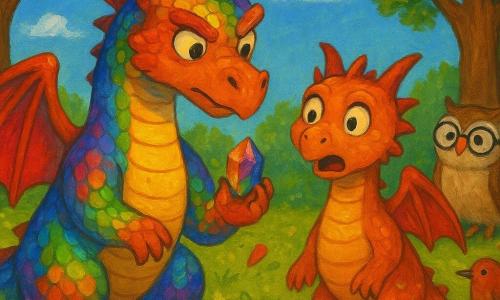 Flint, een nieuwsgierige draak met schubben die glinsteren als een regenboog, toont een vastberaden en aandachtige uitdrukking. Hij staat in het midden van een zonnige open plek en onderzoekt een kleine gekleurde kristal in zijn poot. Sparks, een jonge draak met glanzende schubben, staat naast Flint met wijd open ogen van verrassing en spijt. Rondom hen kijken dorpsdieren, zoals een uil met een bril en een wijze uitdrukking, geïnteresseerd toe. De open plek wordt omringd door hoge groene bomen en de grond is bezaaid met kleurrijke bloemen en gouden bladeren. De scène vangt het moment waarop Flint en Sparks het ontbrekende kristal ontdekken, omringd door hun dierenvrienden onder een stralend blauwe hemel.
