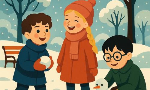 Ci sono 3 personaggi: un ragazzo di 8 anni, Tommaso, con capelli castani e ricci, indossa un cappotto blu e stivali rossi, tiene una palla di neve in mano e si trova a sinistra. Una ragazza di 8 anni, Sara, con capelli biondi raccolti in una treccia, indossa una sciarpa rosa e un berretto abbinato, ride guardando Tommaso e si trova al centro. Un ragazzo di 8 anni, Marco, con capelli neri e occhiali rotondi, indossa un cappotto verde e guanti gialli, è accovacciato mentre modella un piccolo pupazzo di neve a destra. Il luogo è un parco innevato, con alberi coperti di neve scintillante e una panchina di legno mezza sepolta sotto la neve. Il terreno è coperto da uno spesso strato di neve bianca che brilla sotto la luce soffusa di un cielo invernale grigio chiaro. La situazione principale mostra i tre bambini che giocano gioiosamente nella neve. Tommaso lancia delicatamente una palla di neve verso Sara, che scoppia a ridere, mentre Marco modella un pupazzo di neve in miniatura. L'atmosfera è gioiosa e amichevole, con fiocchi di neve che cadono dolcemente intorno a loro.