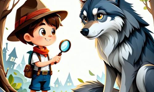 Un ragazzo di 8 anni, di nome Leo, si trova coraggiosamente al centro della scena. Ha i capelli castani disordinati, occhi pieni di curiosità e un sorriso caloroso. Indossa un piccolo cappello da detective e tiene una lente d'ingrandimento in mano, guardando con determinazione il grande lupo. Il grande lupo, con il pelo grigio e gli occhi dorati, è seduto su una pietra, mostrando un'espressione malinconica. Sembra grande e imponente, ma il suo sguardo tradisce una profonda tristezza. La scena si svolge in un'area soleggiata nel cuore di una fitta foresta, dove i raggi del sole filtrano tra le foglie degli alberi, creando motivi luminosi sul terreno. Fiori colorati e felci circondano la pietra su cui è seduto il lupo. Leo, con il suo atteggiamento determinato, si avvicina al lupo per parlargli, mentre il lupo, sebbene grande e spaventoso, sembra pronto ad ascoltare. La scena rappresenta un momento di incontro tra il bambino e la creatura, illustrando l'idea di comprensione e amicizia nascente nel mezzo della natura.