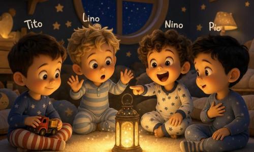 Ci sono quattro bimbi di 2 anni: Tito, capelli corti, calzini a righe rosse e bianche, seduto a sinistra sul tappeto morbido con un camion giocattolo, guarda la lanterna; Lino, ciuffo biondo ribelle, seduto accanto a Tito con le mani alzate e occhi spalancati; Nino, capelli castani ricci, seduto davanti alla lanterna, ride a bocca aperta indicando la luce; Pio, capelli neri corti, seduto a destra, parla piano con la testa inclinata e la mano sul cuore guardando la lanterna. La stanza è notturna e accogliente: tappeto crema spesso, pareti blu notte con stelle dipinte e una finestra rotonda sul cielo stellato; luce generale soffusa. Al centro del tappeto una piccola lanterna magica emette una luce dorata e dolce che sembra cantare, illuminando i loro volti con cerchi caldi; i bambini sono raccolti intorno, curiosi e meravigliati, in una scena calma, intima e delicata con ombre morbide e colori pastello.