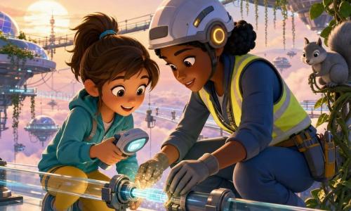 A smiling, wide-eyed 10-year-old girl named Lila with brown hair in a ponytail and colorful clothes (turquoise jacket, yellow leggings) holds a small glowing scanner and helps insert a pale-blue glowing glass filament; a focused, kind 28-year-old technician, Zara, wearing a helmet and neon-yellow vest, crouches on the maintenance walkway showing her how to secure the filament. In the background a curious silver squirrel perches on a vine. The setting is a futuristic suspension bridge of translucent glass threads and narrow walkways connecting floating balloon-stations topped with hanging gardens and solar panels at pastel sunrise, with dragonfly-drones passing by. Lila and Zara are repairing a cracked luminous strand under the bridge, the filament’s glow lighting their faces with soft sparks and rainbow reflections on the glass, creating a small, optimistic technical adventure.