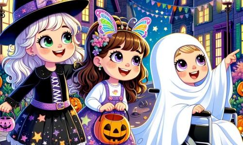 Al centro dell'immagine, tre amiche sono riunite: **Mia**, una ragazza di 8 anni, indossa un costume da strega nero con un cappello a punta e capelli ricci, sorridendo gioiosamente mentre tiene un piccolo secchio di caramelle; **Lila**, una ragazza di 7 anni, è travestita da fantasma con un lenzuolo bianco che fluttua attorno a lei, i suoi occhi brillano di malizia mentre punta verso una grande casa decorata; **Sofi**, una ragazza di 9 anni in sedia a rotelle, indossa un costume da farfalla colorata con ali brillanti, guarda il cielo stellato con meraviglia, le sue antenne scintillano sotto la luce della luna. Lo sfondo è una strada animata per Halloween, con case decorate da zucche illuminate, ragnatele e lanterne colorate. Le stelle brillano in un profondo cielo notturno, aggiungendo un tocco magico all'atmosfera. La scena principale mostra le tre amiche che ridono insieme, circondate da decorazioni di Halloween, mentre scoprono un piccolo gatto nero con occhi brillanti che le osserva con curiosità.
