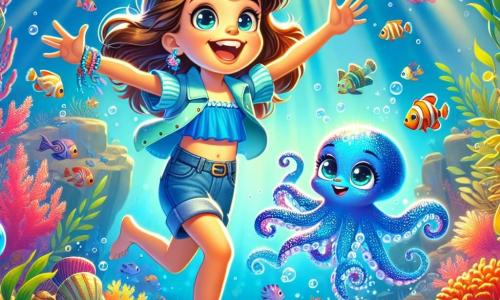 Uma menina de 12 anos, Mia, com cabelos castanhos ondulados, olhos curiosos e um sorriso encantado, nada alegremente em águas cristalinas, cercada por peixes coloridos. Ela usa um maiô azul e um short jeans, com os braços abertos, expressando uma alegria contagiante. Ao seu lado, um pequeno polvo azul chamado Lumo, com tentáculos brilhantes, dança alegremente, seus olhos brilhando de inteligência. O fundo do mar está repleto de corais vibrantes, algas ondulantes e raios de luz filtrando pela superfície da água, criando uma atmosfera mágica. A cena principal mostra Mia e Lumo descobrindo um antigo tesouro submarino, uma pedra azul brilhante, cercada por bolhas de ar, enquanto águas-vivas iluminam a cena com um brilho suave e encantador.