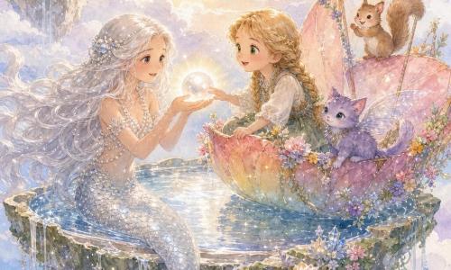 Una sirena di nome Lira, serena e meravigliata, capelli lunghi color perla e coda argentata iridescente, tiene tra le mani una grande perla luminosa che illumina il volto; accanto a lei, su una barca di fiori colorati, una bambina umana di circa nove anni, Miria, occhi verde smeraldo e trecce dorate, porge la mano per toccarla; intorno piccole creature amichevoli — un gatto alato viola sul bordo della barca e uno scoiattolo dalle guance rosa su una vela di petali — su un'isola galleggiante tra nuvole bianche e cielo pastello, sopra una superficie d'acqua sospesa a specchio, con rocce scintillanti, fiori luminosi e aloni dorati: scena magica, pacifica e luminosa in morbidi colori acquerellati con tocchi brillanti in bianco.