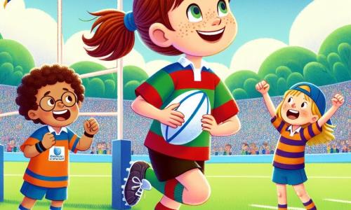 Una niña de 10 años, Lucía, se encuentra en el centro del campo de rugby, con una gran sonrisa en su rostro, su cabello castaño recogido en una coleta. Lleva un colorido uniforme de rugby, con una camiseta a rayas y un short, sosteniendo un balón de rugby bajo el brazo, lista para marcar un try. A su derecha, su amigo Mateo, un niño de 11 años con gafas y cabello rizado, aplaude con entusiasmo, vestido con la camiseta del equipo. A su izquierda, Carla, una niña de 10 años con cabello largo y rubio, hace gestos de motivación, usando una gorra al revés y un short deportivo. El campo es verde, rodeado de espectadores entusiastas, con árboles al fondo y un cielo azul con nubes blancas. Banderas del equipo ondean al viento, añadiendo un toque festivo a la atmósfera. Lucía, llena de determinación, se lanza hacia la línea de ensayo, lista para marcar el punto decisivo para su equipo, mientras sus amigos la animan con gritos de alegría.