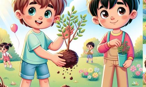 Un băiat de 12 ani, Andrei, cu părul castaniu și ochii plini de curiozitate, stă în picioare lângă un copac tânăr pe care tocmai l-a plantat. Fața lui exprimă o determinare veselă, cu un zâmbet ușor care arată entuziasmul său. Poartă un tricou bleu deschis și o pereche de pantaloni scurți din denim, având mâinile acoperite de pământ. Lângă el, Sami, un băiat de 12 ani cu părul negru și ochii închiși, privește copacul cu admirație. Poartă un pulover roșu și o pereche de pantaloni bej, ținând în mână o găleată mică plină cu pământ. Sami stă puțin înapoi, observându-l pe Andrei cu un zâmbet timid. Mediu lor este o zonă de joacă însorită, înconjurată de verdeață, cu flori colorate și copii care se joacă în depărtare. Baloane plutesc în aer, iar părinții pregătesc un picnic pe o față de masă cu carouri. Situația principală arată cum Andrei și Sami plantează împreună un copac tânăr, simbolizând speranța și prietenia. Razele soarelui filtrează printre frunze, iluminându-le fețele și creând o atmosferă caldă și veselă.