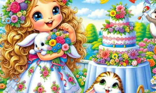 Uma menina de 6 anos chamada Sofia, com longos cabelos cacheados e dourados, usa um vestido colorido adornado com flores. Ela tem um grande sorriso no rosto, transbordando de emoção enquanto segura um buquê de flores multicoloridas nos braços. Ao seu lado, um coelhinho travesso chamado Peludo, com pelagem branca e grandes orelhas, pula alegremente, carregando uma pequena cesta cheia de flores. Um pouco mais longe, uma doce gatinha chamada Mimi, com pelagem listrada e olhos verdes brilhantes, brinca com fitas coloridas penduradas nos galhos das árvores. A cena acontece em um jardim encantador, cheio de flores vibrantes, árvores frondosas e um céu azul claro com nuvens brancas fofas. No centro, uma grande mesa decorada com um bonito toalha e um bolo de chocolate, cercada por guirlandas de flores e balões flutuantes, cria uma atmosfera festiva. Sofia e seus amigos preparam uma surpresa alegre para o Dia das Mães, com risos e alegria, enquanto decoram o jardim para receber sua mãe.