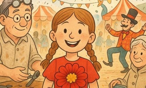 Ten-year-old girl, joyful and proud, smiling with rosy cheeks and light brown hair in two braids, wearing a bright red dress and a blue feather pin, holding a large red paper flower with a gold center to her chest; behind her, Mr. Nibs, about 60, with round safety glasses on his forehead, graying hair and an oil-stained smock, stands at a wooden workbench with pliers and wire, offering a tool; to the right, a small 65-year-old woman in a cream pocketed coat holds an open tin of colorful pins, mischievous and sparkling-eyed on the lantern-lined path; in the background a 40-year-old Mr. Dallow dressed as a jester with a top hat and mustache dances near the stage; the scene is Willowbend carnival square with ochre cobbles, red-and-white striped tents, rows of warm yellow-orange paper lanterns, colorful banners and confetti, as the girl pins her paper flower amid a warm, festive crowd.