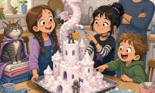 Mina, a radiant 10-year-old with braided brown hair, holds a large metal tray with a white-pink foam castle on the counter; to her right Jaya, about 10, smiling with tied black hair, taps a foam tower with a toothbrush; Tom, about 6, tousled hair and open-mouthed, points at a small knight figurine on the tray's front edge; Sir Suds, a small foam knight with a bubble helmet and sponge shield, stands heroically atop the highest tower; Blub, a foam dragon with a wavy neck and floppy wings, blows bubbles toward the ceiling in the background; Whiskers, an adult gray tabby cat, sits on a folded-towel throne on a nearby chair with an amused regal look; the father stands by the sink, arms crossed, watching with a bemused expression; the bright, warm kitchen has a light wood counter, white tiles, a large window with soft light, ordinary dishes and an open cake box; overall a joyful, slightly absurd scene of the family admiring a foam castle on a tray, bubbles floating, small hands fixing towers, a blue starry cake on the table, pastel colors, rounded shapes and visible foamy textures.