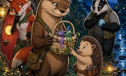 Milo, a light-brown anthropomorphic otter with fine whiskers, calm face and tender smile, gently holds a cream-and-moss woven Easter basket in front of a small round red door; he wears a small shoulder satchel and looks at the basket fondly. Tessa, a slim red fox with bright eyes and a mischievous but softened expression, stands behind him with one paw on her hip as if she just told a kind joke. Pip, a small round hedgehog with a pocket belt of tools and a shy enthusiastic air, points at the basket's colorful ribbon. Bram, a stocky gray-and-black badger, looks relieved and moved, standing slightly back near the bushes holding a blue-dotted painted egg. Night by a stream with wet grass, hanging lanterns and moonlight glinting on the water; round earthen houses and doors in the background. A tender, luminous moment as friends leave a magical Easter basket at a home's door, warmed by soft pastel colors with golden accents and visible textures of fur, wicker and moss.