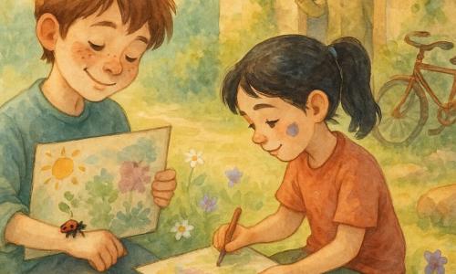 A 10-year-old freckled boy with tousled brown hair and a gentle, amazed expression holds a hand-painted cardboard and shyly smiles at a small ladybug on his arm while a girl of about 10, Mila, with black hair in a ponytail and a paint smudge on her cheek, sits beside him on a warm stone adding a small purple dot to the drawing with a pencil; in the background Mr. Thompson, about 65 with gray hair and simple clothes, stands in his doorway with a warm, surprised look and a raised hand as if accepting the picture; the setting is a vacant lot turned fledgling garden with tender green grass, scattered daisies and violets, a rusty bicycle against a ivy-covered step, warm stones and a thin sunlit stream; soft watercolor palette—pale greens and yellows, warm reds and light blue sky—golden morning light, fluid textures and delicate outlines, tender optimistic mood.