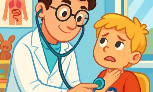 Dr. Leo is a smiling man with curly brown hair and round glasses. He wears a bright white coat and a shiny stethoscope around his neck. His face shows determination and kindness as he examines a young patient. Max, an 8-year-old boy with freckles and blonde hair, is sitting on a chair, holding his throat with a pained and worried expression. He is wearing a red t-shirt with a superhero on it. The scene takes place in a bright and welcoming clinic, with light blue walls and colorful posters of anatomical models. Stuffed toys are scattered on the shelves, and a large window lets in sunlight. Dr. Leo is attentively listening to Max with his stethoscope, ready to reassure and treat him, while Max, a bit nervous, awaits answers.