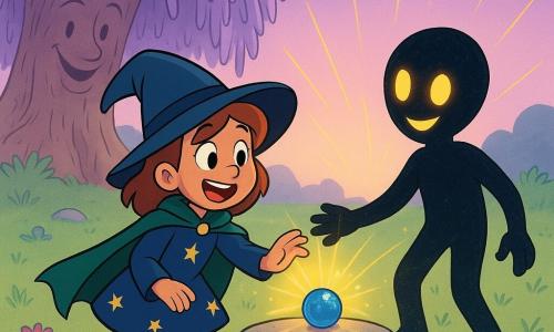 Ivy, an about-8-year-old apprentice witch, looks delighted and wears a short midnight-blue dress with embroidered stars, brown leather boots and a small green cape as she places a small glowing blue marble on a central stone; Mira, a nonhuman shadow scout, appears as a soft-edged translucent black silhouette with golden lantern eyes and a shimmering shadow texture, holding Ivy’s hand and encouraging her; an ancient willow with a smiling face carved in its bark and drooping lavender leaves watches kindly from the background; the scene is a lavender-lit magical meadow with pale green whispering grass, a circle of smooth grey stones around a small mound, and thin golden threads connecting ground to sky; as Ivy sets the marble the stone glows with a golden halo, flowers burst into color and the golden threads reach upward, creating a shared moment of magical awakening and joy.