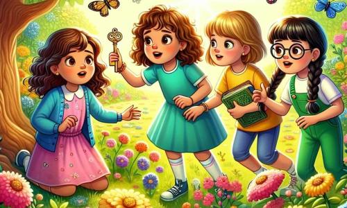 Quatro meninas, com idades entre 8 e 9 anos, estão em um jardim ensolarado. Lili, com cabelos castanhos e cacheados, usa um vestido rosa e segura uma chave dourada na mão. À sua direita, Ana, com cabelos loiros e lisos, veste uma camiseta azul e observa a chave com curiosidade. Joana, com cabelos castanhos e óculos, usa um macacão verde e anota em um pequeno caderno. Por fim, Bela, com cabelos negros trançados, está de shorts amarelos e aponta para uma direção, animada com a aventura. O jardim é repleto de flores coloridas, borboletas voando e uma grande árvore de folhagem densa, criando uma atmosfera alegre e misteriosa. As quatro meninas, como pequenas detetives, descobriram uma chave misteriosa e decidiram procurar seu proprietário, prontas para resolver esse mistério juntas.