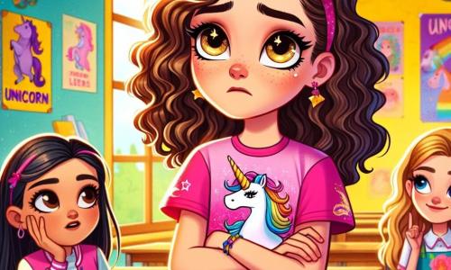 O fată de 10 ani, Andreea, cu părul creț și ochi strălucitori, stă în centrul imaginii, având o expresie de regret și determinare. Ea poartă un tricou roz cu un model de unicorn și o pereche de pantaloni scurți din denim, în timp ce își privește prietenii cu sinceritate. La dreapta ei, Maria, o altă fată de 10 ani, cu părul lung și drept, zâmbind curios, o ascultă atent pe Andreea, cu brațele încrucișate, purtând o rochie cu flori colorate. Decorul este într-o clasă luminoasă, cu pereți vopsiți în galben, afișe educaționale, birouri din lemn aranjate în semicerc și o fereastră mare care lasă să intre lumina soarelui. Situația principală o arată pe Andreea cerându-și scuze în fața colegilor de clasă, după ce a recunoscut că a mințit despre un unicorn, iar prietenii ei o ascultă cu interes, creând o atmosferă de înțelegere și învățare.