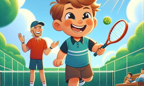 Un băiat de 2 ani, cu părul brun dezordonat și ochii strălucind de bucurie, aleargă pe un teren de tenis verde, ținând o rachetă mică în mâini. Zâmbește larg, arătându-și dinții mici, și pare foarte încântat să se joace. Lângă el, un băiat de 3 ani, cu părul blond și un tricou roșu, îl încurajează ridicând brațele în aer, pregătit să lovească mingea. Terenul de tenis este înconjurat de copaci verzi luxurianți și un cer albastru deschis, cu câteva nori albi pufoși plutind ușor. Razele soarelui iluminează scena, creând o atmosferă veselă și dinamică. Cei doi băieți se distrează împreună, lovind mingea de tenis cu entuziasm, în timp ce o vedetă a sportului, un bărbat adult zâmbitor cu o șapcă, îi observă și îi încurajează de la marginea terenului.