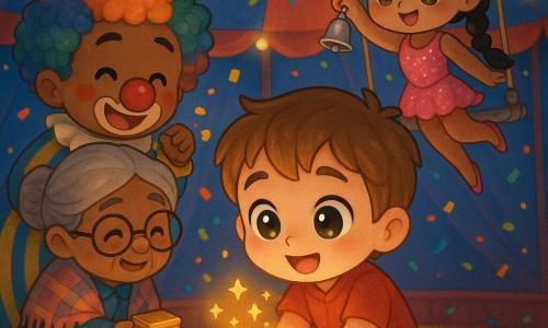 Un niño de 6 años, cabello castaño claro corto, ojos grandes y brillantes y sonrisa curiosa, agazapado y con las manos juntas, sostiene una pequeña lámpara dorada que proyecta estrellas; a su izquierda una anciana taquillera de ~70 años con gafas redondas y chal a cuadros le entrega una cajita brillante; detrás y a la izquierda, un payaso adulto (~35) con nariz roja y peluca rizada multicolor, traje a rayas azul y amarillo, sopla un confeti dorado; a la derecha y en alto, una trapecista (~25) de trenza negra y traje rosa brillante balancea suavemente una campanilla plateada. La escena ocurre bajo una gran carpa de circo azul y roja, suelo de alfombra roja y dorada, guirnaldas luminosas y confeti flotando; momento central: el niño descubre un billete dorado y la lámpara que proyecta estrellas, todos lo rodean escuchando atentamente, ambiente cálido, colores vivos y luz dorada sobre la lámpara. Estilo: chibi kawaii, proporciones redondeadas, ojos grandes, contornos nítidos, paleta pastel saturada con acentos dorados y rojos, expresiones tiernas.