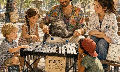 Hugo, hombre de treinta y tantos, sonriente y sereno, toca suavemente un vibráfono portátil con dos macillos; Lucía, adolescente, lo observa admirada desde un banco; varios niños —un niño pequeño con la mano sobre una barra, una niña que golpea otra barra con sonrisa traviesa y otro niño agachado escuchando el eco— forman un círculo y aprenden a respirar mientras escuchan la melodía; el gato Nube duerme en las piernas de Hugo; todo ocurre en una plaza soleada con árboles, una fuente baja y algunos globos, en una atmósfera cálida y convivencial.