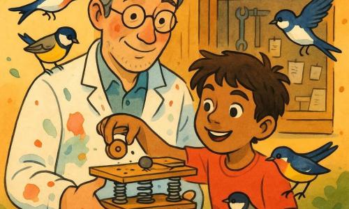 Un inventor de unos 45 años, cabello canoso y gafas redondas, con bata manchada de pintura, sostiene una pequeña plataforma mecánica de madera y metal; a su izquierda, Miguel, un niño de 9 años de pelo castaño alborotado, coloca una rueda de madera en el aparato; varios pajaritos coloridos (golondrinas y herrerillos) con plumaje azul, amarillo y marrón se posan en la plataforma y picotean semillas que caen; la escena ocurre sobre un pequeño muro de piedra frente a un taller de madera con ventanas de cruceta y herramientas, con luz cálida de atardecer; ambos prueban un mecanismo con piezas móviles y resortes que libera semillas, creando una atmósfera alegre.