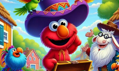 A cheerful elephant named Elmo, wearing a large purple hat adorned with a red feather, stands at the center of the image, his long trunk raised enthusiastically as he discovers a wooden chest filled with colorful hats. Beside him, a colorful parrot named Benny, perched on his shoulder, watches with sparkling eyes, his bright green and yellow feathers contrasting with the blue sky. A wise old goat, Farmer Goat, with a white beard and round glasses, stands nearby, smiling widely while holding his favorite hat as he approaches the chest. The scene takes place in a lively village with brightly colored wooden houses, lush trees, and joyful animals gathering around them, creating a festive and warm atmosphere. Elmo and his friends celebrate their discovery, surrounded by laughter and joy, as they try on the hats from the chest, ready to share an unforgettable moment.