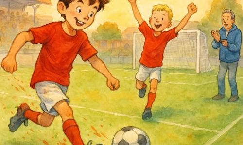 Een enthousiaste, geconcentreerde jongen met een glimlach, warrig bruin haar, rood shirt en witte short geeft met zijn rechtervoet een beslissende pass; zijn vriend Liam (ongeveer 11 jaar, kort blond haar, zelfde rood shirt) ontvangt de bal vlak bij het doel en viert met opgeheven armen, iets voor en rechts van de hoofdfiguur; een volwassen coach van circa 40 jaar met grijzend haar en blauwe jas klapt vanaf de zijlijn; setting: klein buurtstadion bij zonsondergang met groene grasmat, nette witte lijnen, wit doel met net in aquarelstijl en vage tribunes vol geschetste kinderen en ouders; scène net voor het schot, energie, kameraadschap en warme avondkleuren met gecontroleerde aquarelblosjes die beweging en vreugde benadrukken.