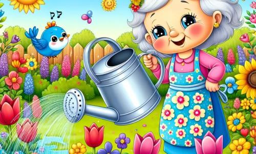 Un piccolo annaffiatoio di metallo chiamato Goccia, con occhi scintillanti e un sorriso gioioso, si trova al centro di un giardino colorato, mentre annaffia fiori vivaci con una dolce pioggia d'acqua. Accanto a lui, una gentile nonna, nonna Rosa, con capelli argentati e un grembiule floreale, osserva con orgoglio, il suo viso radioso di felicità. Un uccellino blu di nome Canto, posato su un ramo, canta allegramente, con le ali spiegate, aggiungendo un tocco di musica alla scena. Il giardino è pieno di fiori di tutti i colori: tulipani rossi, violette blu e girasoli gialli che si ergono verso il cielo soleggiato. La scena principale mostra Goccia e nonna Rosa che lavorano insieme, circondati dalla bellezza della primavera, celebrando la magia della natura che si risveglia.