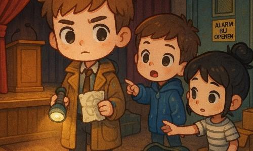 Een geconcentreerde nieuwsgierige detective Bram met warrig lichtbruin haar, ernstige maar zachte blik, te groot lichtbruin mantel, houdt een kleine zaklamp en een gekreukte schetsvel; naast hem Finn (11–12) bezorgd maar dapper, kort bruin haar, natte blauwe regenjas met capuchon wijst naar een dienstdeur achter het podium; Mila (circa 12) verlegen maar vastberaden, zwart haar in rommelige knot, gestreept shirt, reikt naar het vel om te bevestigen wat ze zag; op de achtergrond het aula-podium met opzij geschoven wijnrode gordijn, glanzende houten vloer met lange kras, diffuse gele spots boven het podium, stoffig tapijt en een opengaande metalen nooduitgang met deels gescheurde sticker “Alarm bij openen”; op de grond bij de deur een open sporttas met witte sneakers met groene band; warme lichten, zachte schaduwen, schattige chibi-stijl met ronde trekken, verzadigde kleuren en textuurrijke details, speels onderzoeksmysterie voor kinderen.