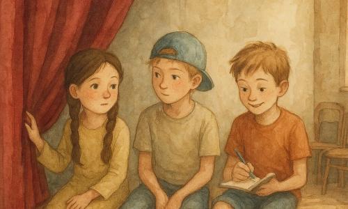 Drie kinderen van ongeveer 10 jaar op een klein houten podiumpje voor een dik donkerrood theatergordijn: Noor, meisje met lange bruine vlechten en sproeten, links zittend terwijl ze zachtjes het gordijn aanraakt; Milo, jongen met kort kastanjebruin haar en geschaafde knieën, rechts zittend met opgetrokken benen en een glimlach terwijl hij in een schriftje schrijft; Sem, slanke jongen met blond haar onder een scheef gedragen pet, tussen hen in en iets naar achteren, peinzend kijkend. Interieur van een oud buurtcenter met versleten houten vloer, crème muren, stapel stoelen op de achtergrond en zachte namiddaglichtinval rechts; sfeer kalm, intiem en licht dromerig, pastelwaterverfkleuren, nadruk op stoffen en houttextuur, zachte schaduwen en lichtreflecties op het gordijn.