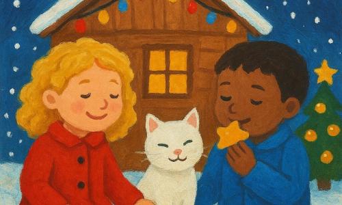 Ci sono 3 personaggi principali: una bambina, Emma, di 6 anni, con capelli biondi ricci e un cappotto rosso, tiene la mano di Luca e sorride. È seduta a sinistra dell'immagine. Un bambino, Luca, di 6 anni, con capelli castani corti e un cappotto blu, mangia un biscotto a forma di stella. È seduto a destra dell'immagine. Un piccolo gatto bianco, con occhi verdi, fa le fusa tra Emma e Luca con un'espressione serena. Il luogo è una piccola casa di legno, decorata con ghirlande luminose rosse, blu e gialle. Davanti alla casa, c'è un piccolo albero di Natale con palline dorate. La neve cade dolcemente intorno, coprendo il terreno con un tappeto bianco scintillante. La situazione principale mostra Emma e Luca seduti insieme, condividendo un momento di gioia e complicità, mentre il gatto bianco fa le fusa tra loro. L'atmosfera è calda e festosa, con luci colorate e una dolce musica di Natale in sottofondo.
