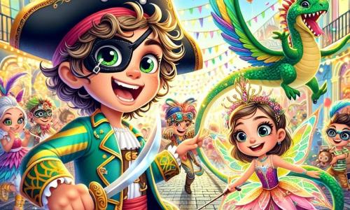 Un ragazzo di 10 anni, Leo, con capelli ricci e un grande sorriso, è al centro dell'immagine. Indossa un costume da pirata colorato, con una benda nera sull'occhio e una spada di legno in mano, mostrando un'espressione di eccitazione e avventura. Accanto a lui, Mia, una ragazza di 9 anni, è travestita da fata, con ali scintillanti e un vestito rosa, danzando felicemente mentre tiene una bacchetta magica. Marco, un ragazzo di 10 anni, è travestito da drago verde, con squame brillanti e una lunga coda, ridendo e facendo gesti divertenti per attirare l'attenzione di Leo e Mia. Lo sfondo è una strada animata del carnevale, piena di colori vivaci: palloncini fluttuano nell'aria, ghirlande di fiori decorano gli edifici e stand di cibo offrono delizie. Artisti di strada e musicisti contribuiscono all'atmosfera festosa, mentre persone in costume ballano e ridono intorno a loro. La scena principale mostra Leo, Mia e Marco che seguono una stella dorata brillante che fluttua davanti a loro, simboleggiando la loro ricerca per scoprire il mistero del carnevale. Avanzano con entusiasmo, pronti a vivere un'avventura magica nel cuore della festa.