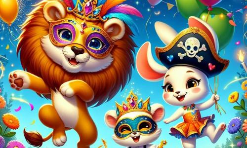 Al centro dell'immagine, Leo, un piccolo leone dagli occhi grandi e brillanti e dalla criniera dorata, indossa una maschera colorata decorata con piume e brillanti. Sta saltando gioiosamente con un grande sorriso, mentre scintille luminose escono dalla sua zampa. A destra, Gigi, un coniglio con grandi orecchie e pelliccia bianca, danza con entusiasmo, i suoi occhi brillano di gioia. Indossa un costume da pirata con un cappello di feltro nero e una spada di plastica. A sinistra, Nina, una volpe dai peli rossi, fa piroette con grazia, i suoi occhi scintillano di malizia. Indossa un vestito colorato e una maschera a forma di gatto. Lo sfondo è un radura incantata, piena di fiori multicolori, festoni di carta e palloncini fluttuanti, sotto un cielo blu splendente e soleggiato. La scena rappresenta il momento magico del Carnevale della foresta, dove Leo e i suoi amici si divertono insieme, in un'atmosfera festosa e gioiosa, circondati da risate e colori vivaci.