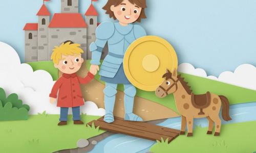 A smiling, kind female knight with short brown hair in light blue armor and a large round yellow shield lays a wooden plank over a broken bridge to help a lost five-year-old blond boy in a red coat who holds her hand on her left; a small spotted brown pony waits to her right, a stone castle with red roofs and a gravel road sits in the distance, a pale-blue stream with round stones and bright green grass flows below — bright, simple, paper-cut textures, clear friendly expressions, composition centered on the knight helping the boy.