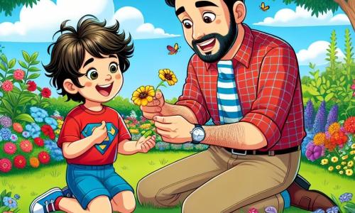 Un niño de 6 años llamado Lucas, con cabello castaño despeinado y ojos brillantes de curiosidad, está sentado en la hierba verde del jardín, rodeado de flores coloridas. Lleva una camiseta roja con un diseño de superhéroe y un pantalón corto azul. Lucas sonríe ampliamente, mostrando su asombro mientras sostiene una flor amarilla en sus manos. A su lado, su papá, el señor Carlos, de unos 35 años, tiene cabello negro y una barba bien cuidada. Viste una camisa de cuadros y pantalones beiges, se inclina hacia adelante con una sonrisa cálida, ayudando a Lucas a recoger flores. El jardín está lleno de flores brillantes de todos los colores: rojas, amarillas, azules y violetas, bajo un cielo azul claro con algunas nubes blancas. Árboles verdes bordean el jardín, y se pueden ver aves volando alegremente en el aire. La escena principal muestra a Lucas y su papá recogiendo flores juntos, compartiendo un momento de felicidad y complicidad, ilustrando la importancia de pasar tiempo en familia y descubrir la belleza del mundo natural, lejos de las pantallas.
