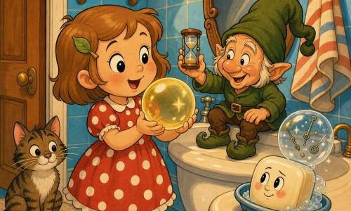 Maja, 4 lata, zachwycona i łagodna, trzyma w małych dłoniach złotą, błyszczącą bańkę; ma sukienkę w czerwone kropki, niebieskie kapcie, krótkie jasnobrązowe włosy z klamrą w kształcie liścia. Skrzat domowy, niski i krępy, z pomarszczoną, uśmiechniętą twarzą i dużą zieloną opadającą czapką, stoi na krawędzi umywalki i potrząsa maleńką klepsydrą wypełnioną cukrem pudrem, patrząc na Maja figlarnie. Mydło antropomorficzne, perłowy prostokąt z nieśmiałymi oczami i małym uśmiechem, stoi w mydelniczce i wypuszcza przezroczystą bańkę, w której migoczą malutkie wskazówki zegarka. W tle pręgowany kot siedzi na pluszowym dywaniku przy drzwiach łazienki, obserwując scenę. Łazienka jest ciepła i kolorowa: błękitne płytki, owalne lustro w drewnianej rzeźbionej ramie, pasiasty ręcznik na haczyku i miękkie refleksy światła. Sytuacja: Maja odzyskuje swój czas zamknięty w złotej bańce nad umywalką; nastrój radosny, magiczny i nieco komiczny, powolne ostrożne gesty, żywe kontrastowe kolory, zaokrąglone tekstury w stylu retro kreskówki.