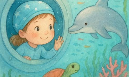 A 4-year-old girl with round cheeks and freckles in a sky-blue wetsuit and tiny star swim cap presses her hand to the porthole of a small submarine with a shy smile and curious eyes; a friendly dolphin named Dew, smooth pearly-gray, swims beside the window as if waving, while a sea turtle with a coral-and-emerald textured shell glides near a sandy path in the background; the scene is a bright underwater landscape of clear turquoise water, confetti-like schools of fish, swaying kelp forests, and an open pink coral gateway, the girl contemplating her course, both amazed and reassured with Dew as companion and the turtle guiding toward the coral portal.