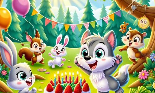 Um pequeno lobo chamado Léo, com pelagem cinza e olhos brilhantes de alegria, dança em uma clareira ensolarada, com um grande sorriso no rosto, segurando um bolo de morango decorado com velas coloridas. Ao seu lado, uma coelhinha chamada Clara, com orelhas longas e pelagem branca, pula de alegria, seus olhos brilhando de excitação, segurando cenouras crocantes. Um esquilo chamado Tico, com pelagem marrom e uma pequena cauda peluda, sobe em um galho de árvore, rindo e agitando uma pedra brilhante que encontrou. Ao fundo, uma floresta luxuriante com árvores altas, flores coloridas e balões flutuando no ar, criando uma atmosfera festiva. A cena representa a celebração alegre do aniversário de Léo, com amigos reunidos ao seu redor, prontos para cantar e se divertir juntos.