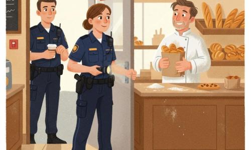 A female police officer of about 30 with a gentle, focused face, neat navy uniform, radio on her shoulder and flashlight in hand, calmly and cautiously opening the back door of a small bakery; a baker of about 50 in a flour-stained white jacket with disheveled hair and slightly nervous hands stands behind the counter holding a paper bag of rolls and smiling with relief at the officer; a male police colleague of about 30 in a dark uniform holding a coffee cup stands in the doorway, watchful but relaxed to the left; the small neighborhood bakery in the morning has worn beige tiles, wooden shelves with baguettes and golden pastries, a flashing red alarm panel near the door, traces of flour on the shiny counter and soft golden light from the window; main situation: checking a triggered alarm, a peaceful reassuring scene with tension dissipated, calm gestures and cooperation between officer and baker, warm morning atmosphere.