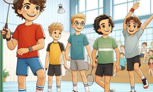 In a bright gymnasium, four 11-year-old boys stand on a badminton court. Jake, with curly brown hair, wears a red t-shirt and blue shorts, holding a racket with a big smile, ready to serve. To his right, Tommy, a boy with blonde hair and glasses, jumps for joy in a green t-shirt and black shorts. On the left, Ben, with brown hair and a bandana, watches intently in a blue t-shirt and gray shorts. Finally, Leo, a boy with black curly hair, warms up in a yellow t-shirt and red shorts, displaying a determined expression. The gym is filled with light, featuring light blue walls and white lines marking the court. Spectators in the background applaud and cheer for the young players, while rackets and shuttlecocks are scattered on the floor. The scene shows Jake serving the shuttlecock, while Max, a boy with blonde hair and piercing eyes, stands on the other side of the net, ready to return the shot. The atmosphere is electric, full of excitement and camaraderie, capturing the spirit of a thrilling badminton match.