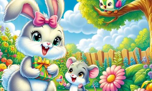 Ruby, a small rabbit with big ears and soft, fluffy fur, is sitting in her sunny garden, smiling joyfully. She wears a little pink bow around her neck and holds a colorful letter in her paws, her eyes shining with excitement. Next to her, Squeaky, a small mouse with gray fur and sparkling eyes, jumps for joy while holding a small box of treats, sharing Ruby's enthusiasm. Bella, a bird with colorful feathers, is perched on a tree branch, singing happily and looking curiously at her friends below. The garden is filled with bright flowers, green vegetables, and a majestic tree providing shade. The blue sky is dotted with fluffy white clouds, creating a cheerful and welcoming atmosphere. Ruby, Squeaky, and Bella gather to celebrate their friendship, surrounded by the beauty of nature, ready to share stories and laughter under the radiant sun.