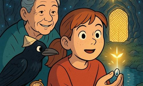 Mira, 12, round-faced with freckles and chestnut hair in a ponytail, looks awed and determined as she holds a small glowing silver seed toward a floating star above a woven door of light; Gran, about 65 with grey hair in a bun and kind lines, stands smiling behind Mira to the left holding an old brass compass; Quill, a glossy black crow with a paper hat, perches on Mira’s right shoulder watching mischievously; setting: a large mountain chamber of dark rock studded with blue-silver luminescent stones, fine sparkling stalactites, velvety moss and a small reflective pool; moment: the silver seed touches the star and opens into a tiny luminous sprout, bathing their faces in warm golden light against cool shadows, composition tight on Mira to show expressions and the seed and star.