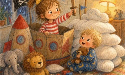 A 6-year-old girl with light brown hair tied with a big yellow bow, round face and freckles, mischievous smile, wearing red-and-white striped pajamas and brandishing a wooden sword as a pirate captain; a 3-year-old blond boy with tousled hair and a dreamy, amazed expression in blue moon pajamas holding a small teddy, sitting beside her and looking toward a pile of cushions; a bedside lamp on the right casts warm light and a few plush toys are scattered around; the room is turned into a pirate ship and cloud castle with a beige sheet as a sail and stacked white cushions as clouds, a colorful rug with blocks and scribbled cards; they play pirates and cloud castle—she laughs as captain, he hugs his teddy against the cushion cloud—joyful atmosphere, warm colors and visible pencil textures.
