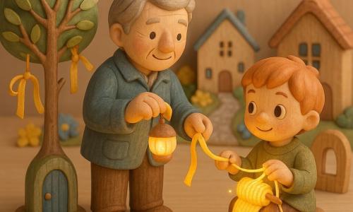 A kind, smiling, awestruck man with light grey streaked hair, wearing a blue wool jacket and brown trousers, holds a small seashell lantern glowing with soft golden light while handing a golden ribbon to a boy of about six with dawn-colored hair and wide curious eyes who sits by a wooden window knitting a luminous scarf and joyfully watching the ribbon; to their left a miniature garden tree with a thin trunk, tender green leaves, golden ribbons on its branches and a small blue door at its base; the scene is a fairy-tale miniature village on a light wooden table—painted tile roofs, a silver-paved path, yellow and blue paper flowers, paper stars strung above—warm, soft lighting, pastel colors, carved wood textures and hand-painted details.