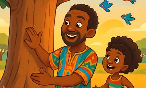 A man named Kofi, in his forties with warm brown skin and curious sparkling eyes, stands before the majestic Grand Baobab. He wears a traditional tunic with colorful patterns, and his face radiates joy and wonder as he touches the rough bark of the tree. Beside him, a ten-year-old girl with shiny curly hair looks at Kofi with admiration, her eyes bright with excitement. She wears a light fabric dress in vibrant colors and holds a small wooden drum, ready to celebrate the discovery. The setting is a vast African plain, bathed in the golden light of sunset, with tall grasses gently swaying in the wind and colorful birds flying in the sky. The main scene shows Kofi discovering the secret of happiness, arms wide open, while the girl joyfully dances around him, celebrating this magical moment under the protective shade of the Grand Baobab.
