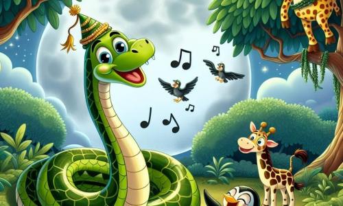 Um serpente chamado Sussu, com escamas verdes brilhantes e olhos curiosos, se esgueira alegremente entre as folhas de uma clareira, com um largo sorriso no rosto. Ao lado dele, Liza, uma girafa com manchas douradas, se inclina curiosa, seus grandes olhos redondos observando o ambiente, enquanto Rufus, um pinguim com penas pretas e brancas, desliza desajeitadamente pelo chão, rindo de suas próprias quedas. O local é uma clareira encantada, banhada pela luz prateada da lua, cercada por árvores frondosas com ramos baixos, e no centro, uma grande pedra coberta de musgo onde está um sapo gigante, vestindo um pequeno chapéu brilhante, pronto para cantar. A situação principal mostra Sussu e seus amigos descobrindo o Sapo Cantarolante, que se prepara para dar um espetáculo musical hilário, preenchendo o ar com melodias alegres e risadas contagiosas.
